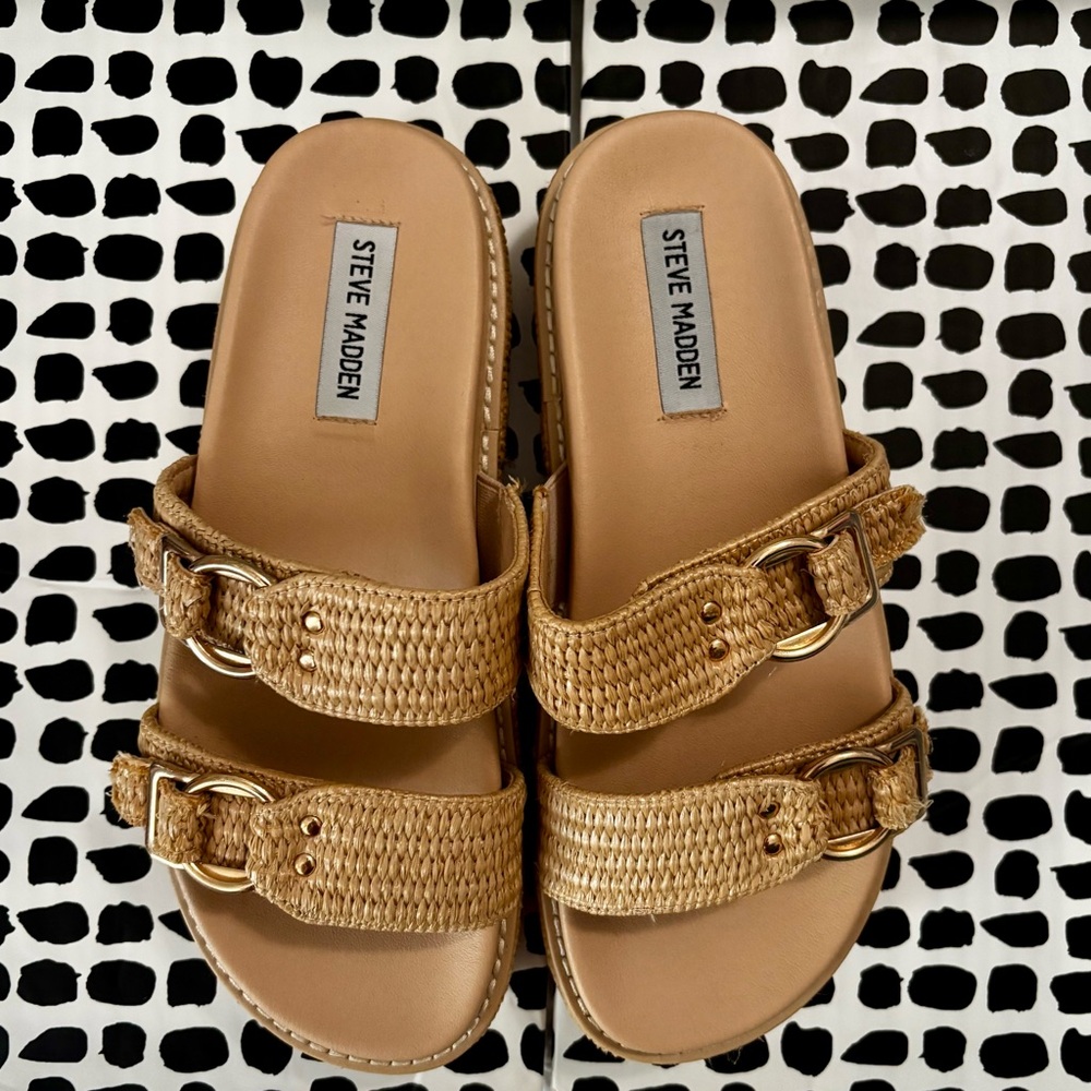 Steve Madden Woven Tan Slide Sandals